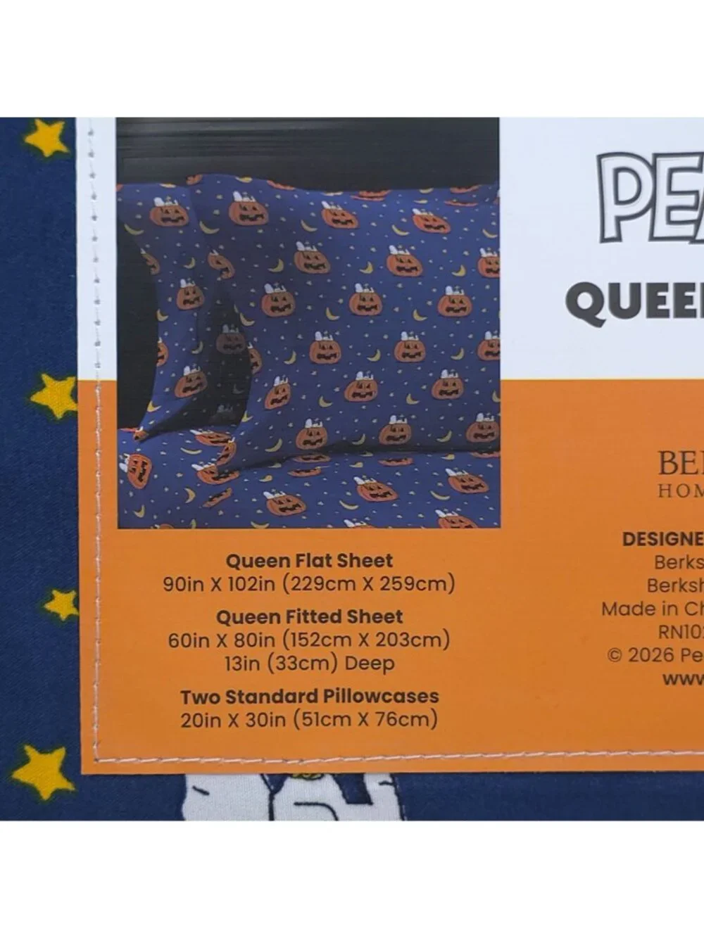 Peanuts Queen Sheet Set Snoopy Halloween By Berkshire Navy w/ Orange Pumpkins